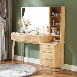 OKD 48" Mirrored Makeup Vanity Set, 36" Tri-Color Lit Mirror with Lights and Glass Top, Built-in Charging Station