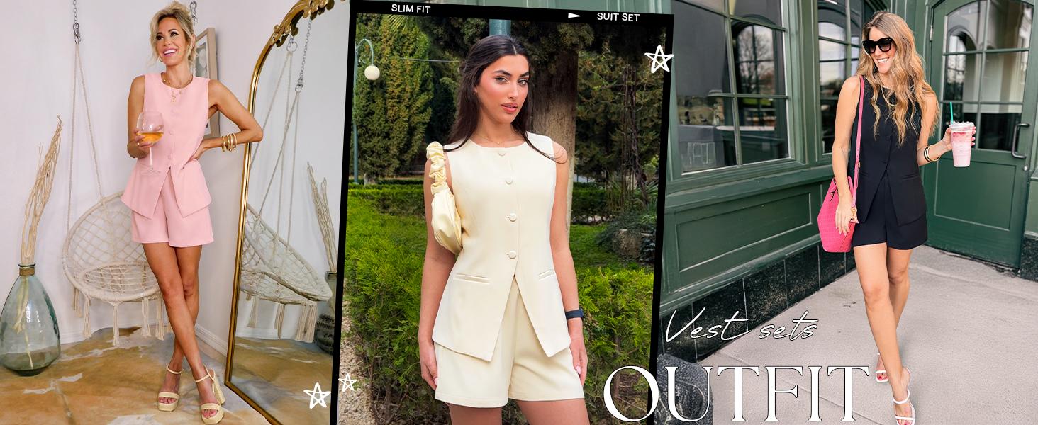 ZESICA Women's 2026 Summer 2 Piece Short Sets Sleeveless Crew Neck Suit Vest Tops High Waist Shorts Business Outfits