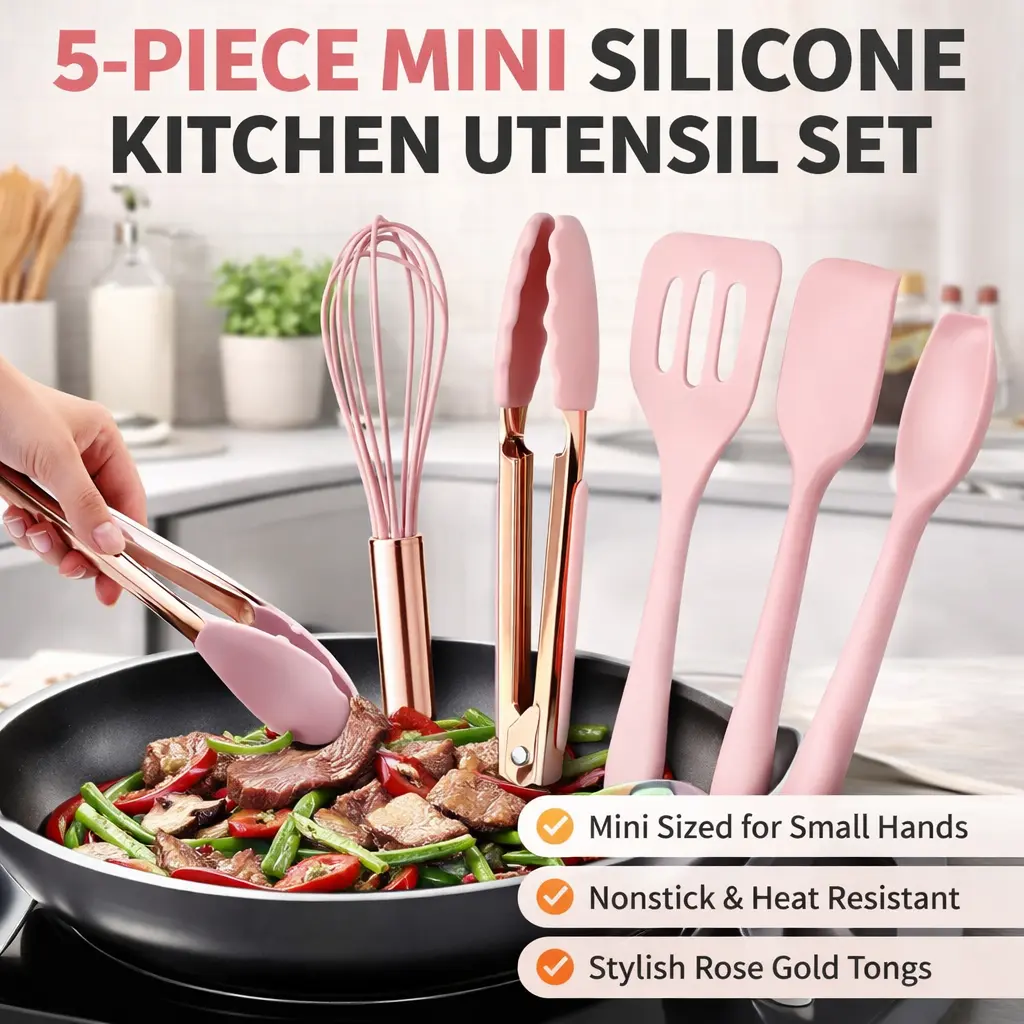 Rose Gold-Pink Small Kitchen Utensil Set, 5-Piece Silicone Baking-Cooking Tools with Whisk, Spatula, Tongs, Spoon, Slotted Spatula - Non-Stick, Dishwasher Safe, Heat Resistant, Bridal Shower Gift for Women & Girls, Stainless, Steel