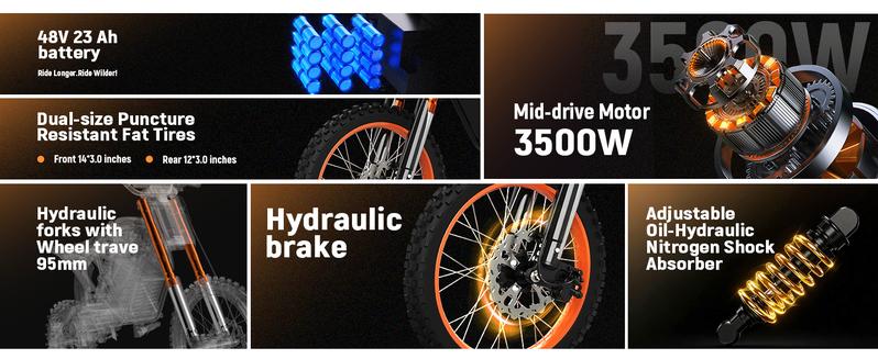 ESKUTE 3500W Peak Mid-Drive Electric Off-Road Bike | 38MPH & 60Miles Range | 48V 23AH Battery | Hydraulic Brakes | For Teens & Adults Dual Seat Lightweight w/ Free Lock & Helmet e bike