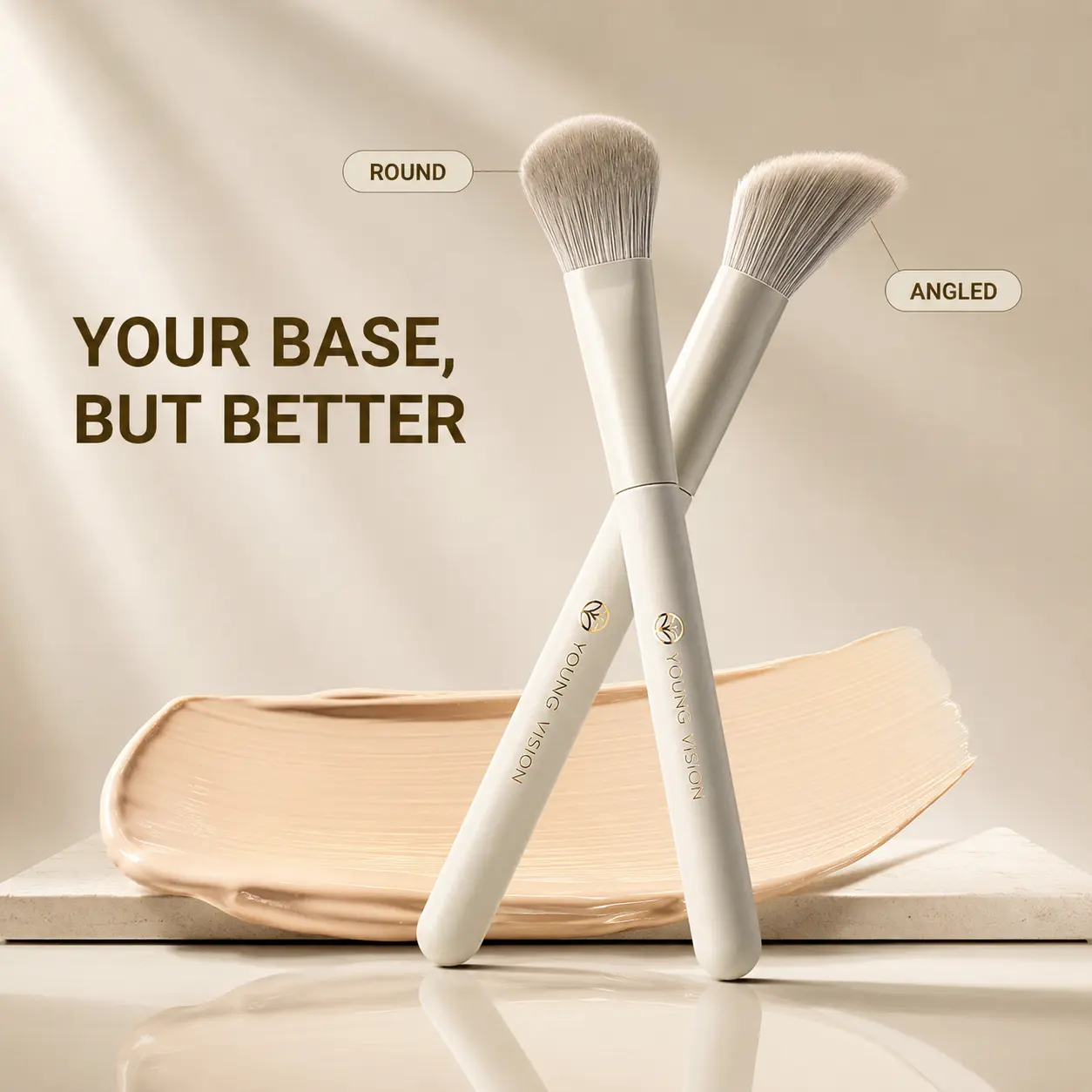 YOUNG VISION Dense Foundation Brush – Round or Angled Head, Soft Synthetic Bristles for Streak-Free Blending, Liquid, Cream & Powder Makeup, Birch Wood Handle