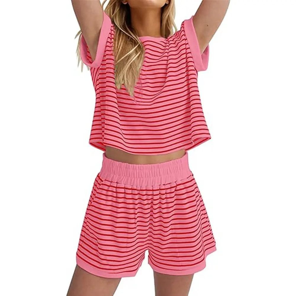 EncoLax 2 Piece Lounge Set Women Stripe Knit Short Sleeve Tee Shirts Shorts Casual Summer Loungewear Shorts Sets