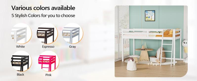 VINGLI 47'' Tall Junior Low Loft Bed with Stairs, White Wood Loft Bed Twin Size for Adults, Kids and Young Teens, No Box Spring Required,Wood Slat Support