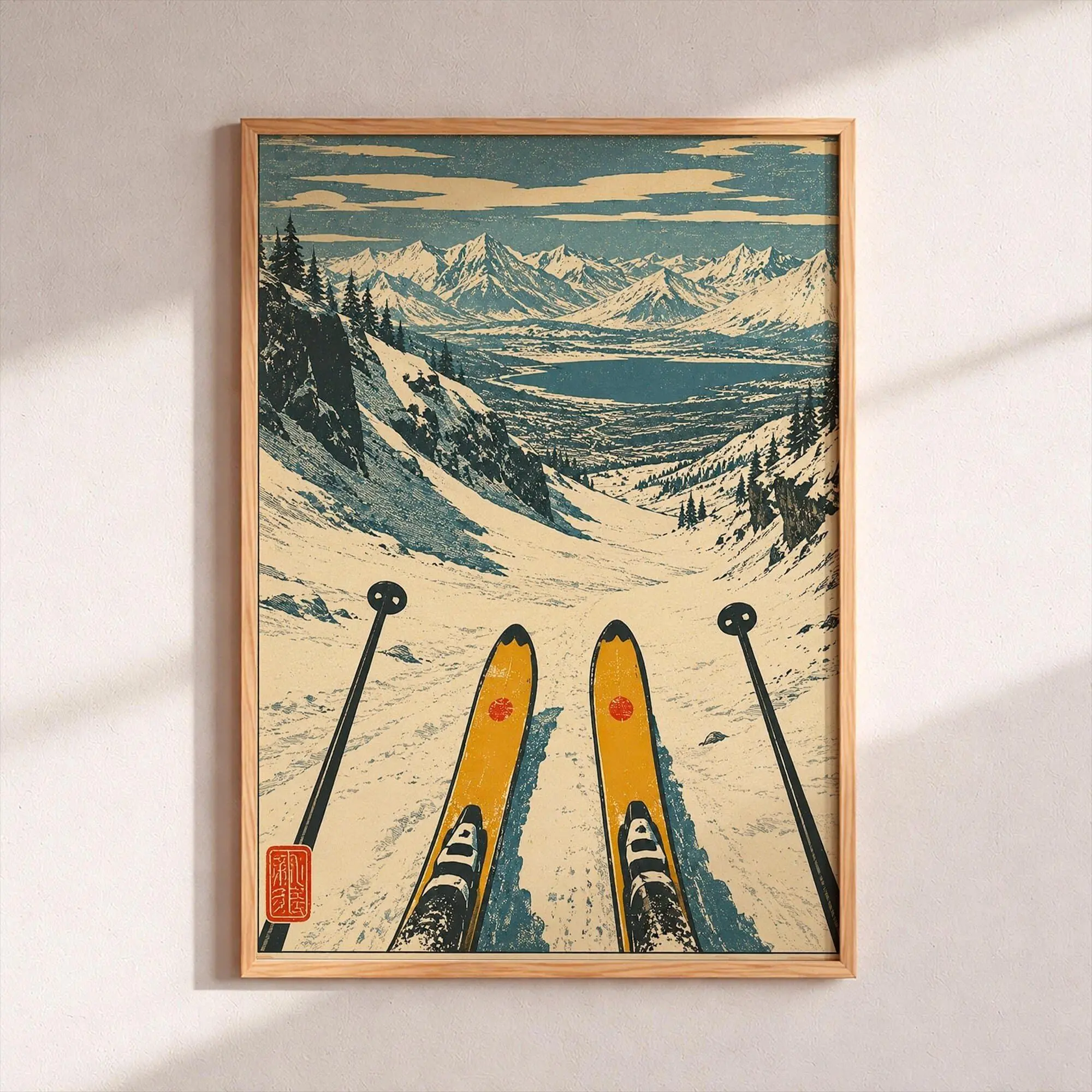 Skiing Wall Art, Vintage Ski Poster, Mountain Landscape Print, Woodblock Style Art, Winter Sports Decor, Cabin Wall Decor, Gift for Skier ( Unframed - Print Only )