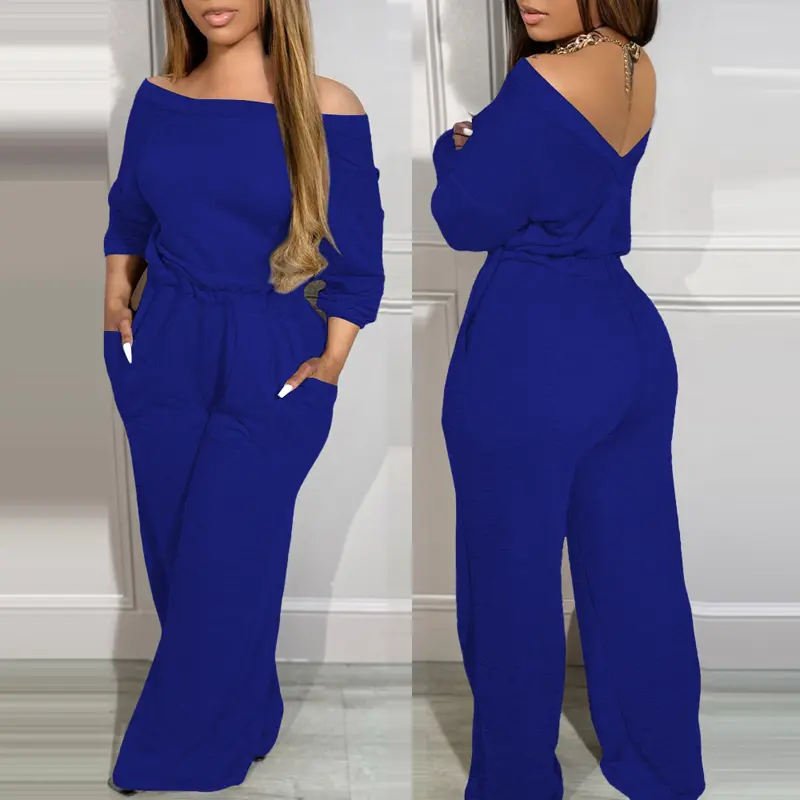 Women's Fitted Off-Shoulder Long-Sleeve V-Back Backless Jumpsuit - Stretchy Waist, Pocket Design, Minimalist Elegant Style, Stretchy Chic Overalls, Versatile for Everyday Wear