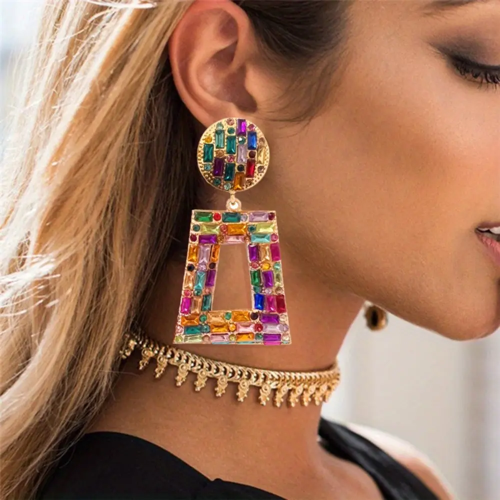 Vintage Colorful Geometric Square Earrings, Stylish Women's Statement Accessories for Parties, Ideal Holiday Gifts Versatile Vibrant