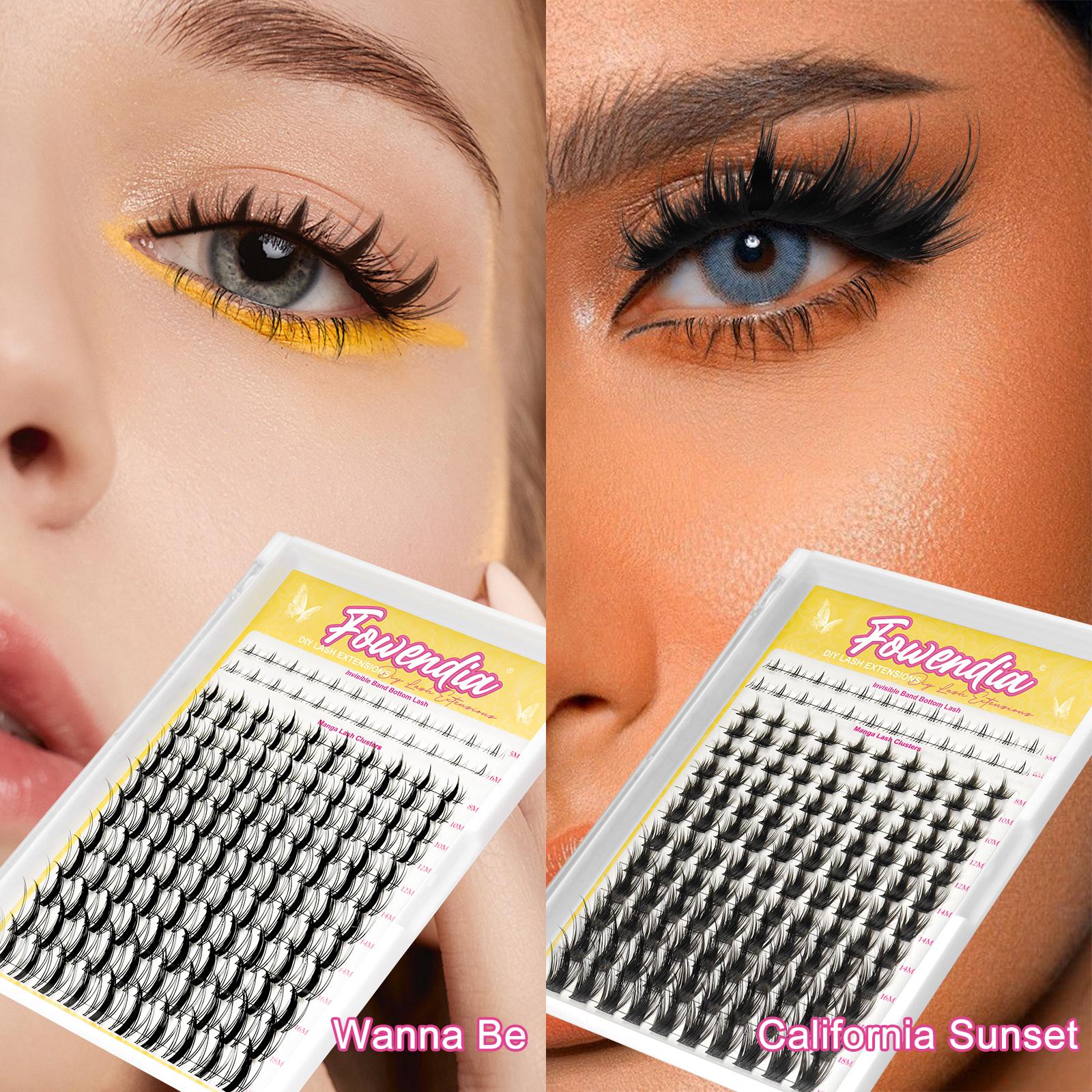 Fowendia California Sunset Wanna Be Freya Manga Lashes Cluster C D Curl DIY Lash Extension Kit and Lash Clusters 8-18mm with Bond Seal and Remover - Ultra-Thin Transparent Bands, Lash Magic Anime False Lash Extension Kit dealsforyoudays