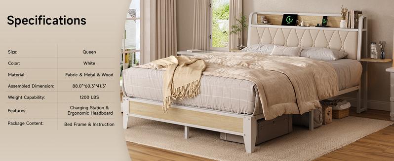 【Valentine's Day gift】ONBRILL Bed Frame with Side Storage Shelf, Ergonomic Upholstered Headboard with Charging Station, King Platform Bed Frame, Metal Slats Support, No Box Spring Needed, Easy Assembly
