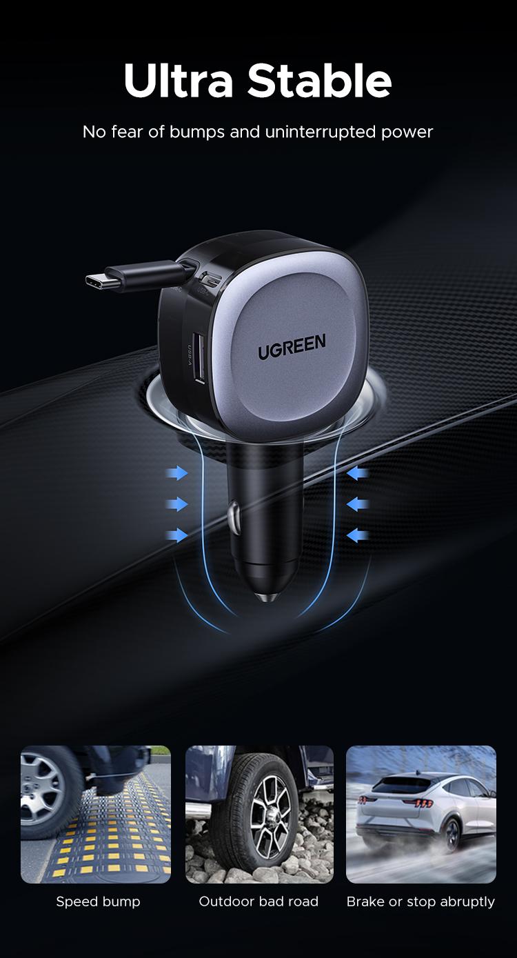 UGREEN Retractable Car Charger, 75W USB C Car Accessories Adapter for iPhone 17/16 USB C Charger Fast Charging, Deals for you, Travel Essentials Gifts for Women Men,September Restock，TikTokShopBlackFriday ,TikTokShopHolidayHaul