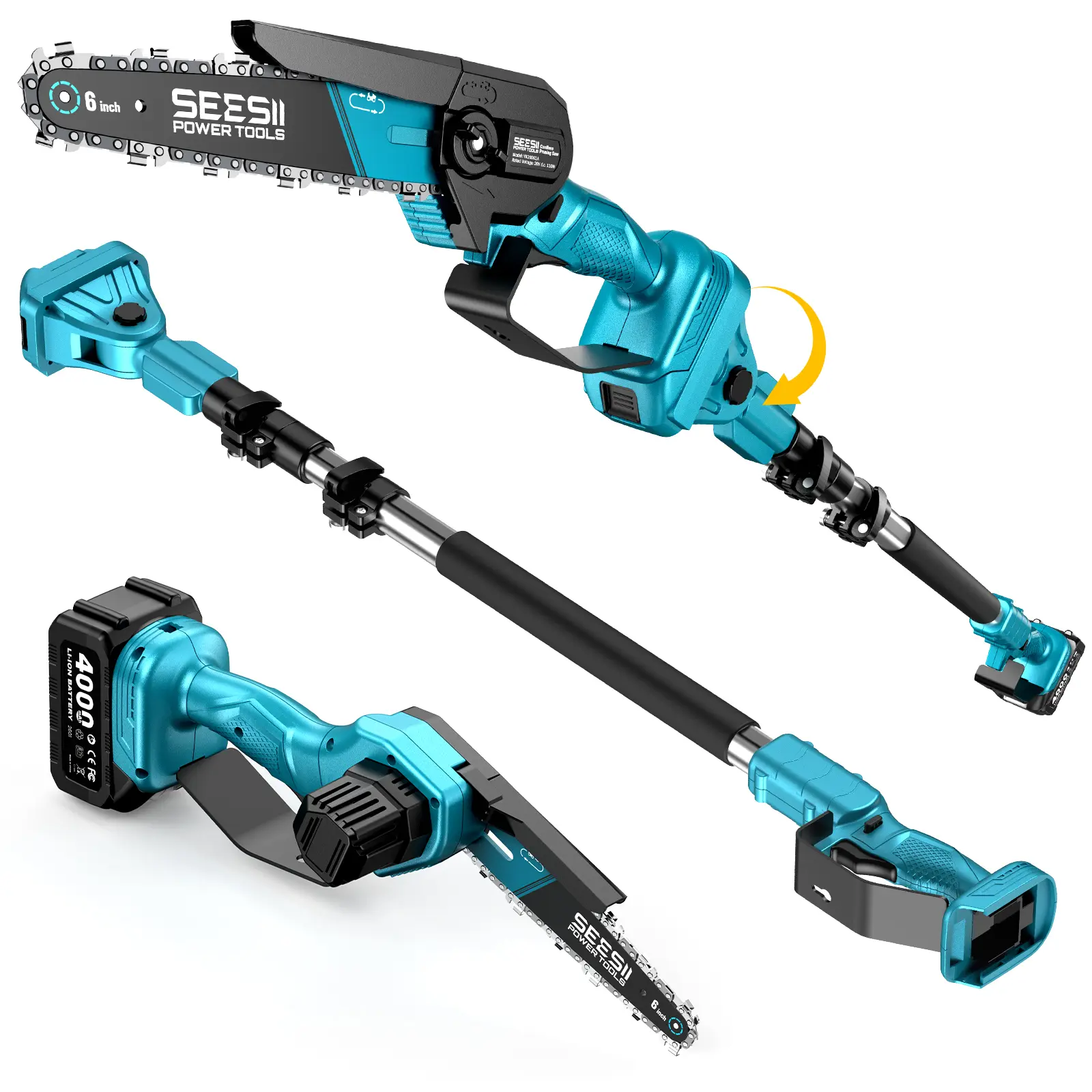SEESII 2-in-1 6 Inch Cordless Pole Saw, Telescopic Extension Pruning Chainsaw with Adjustable Chain Tension, 4000mAh Battery Powered Mini Handheld Saw, Super Light for Trimming branches, Gardening & Camping trips, Easy to Handle for Women & Seniors CH610