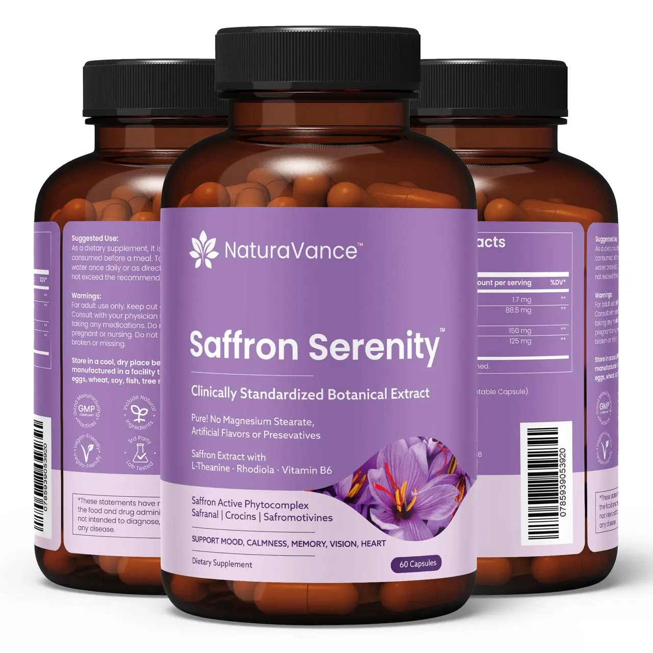 NaturaVance Saffron Extract Herbs Capsules with Rhodiola, L-Theanine & Vitamin B6 - Natural Brain Health, Calm Focus & Stress Support Dietary Supplement - Non-GMO Vegan Adaptogen - 60 Veg Capsules, Brain Health Supplement, Dietary Supplement Capsules