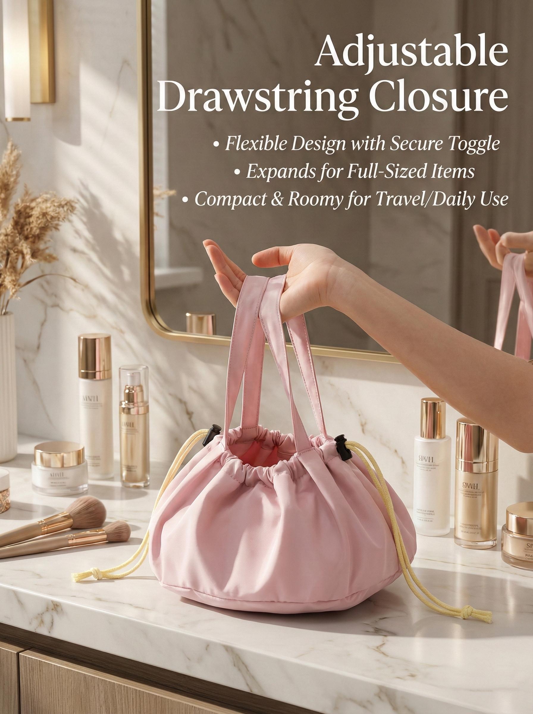 Barrel Drawstring Makeup Bag Large Cosmetic Bag Make up Bags Women and Girls Toiletry Organizer for Travel Toiletries Accessories Essentials