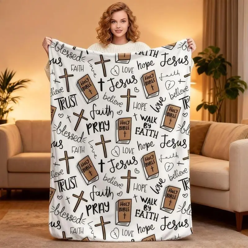 Christian Faith Bible Verse Pattern Flannel Cooling Blanket - Soft Cozy Religious Home Textile for Bedroom, Sofa - Perfect Gift for Believers