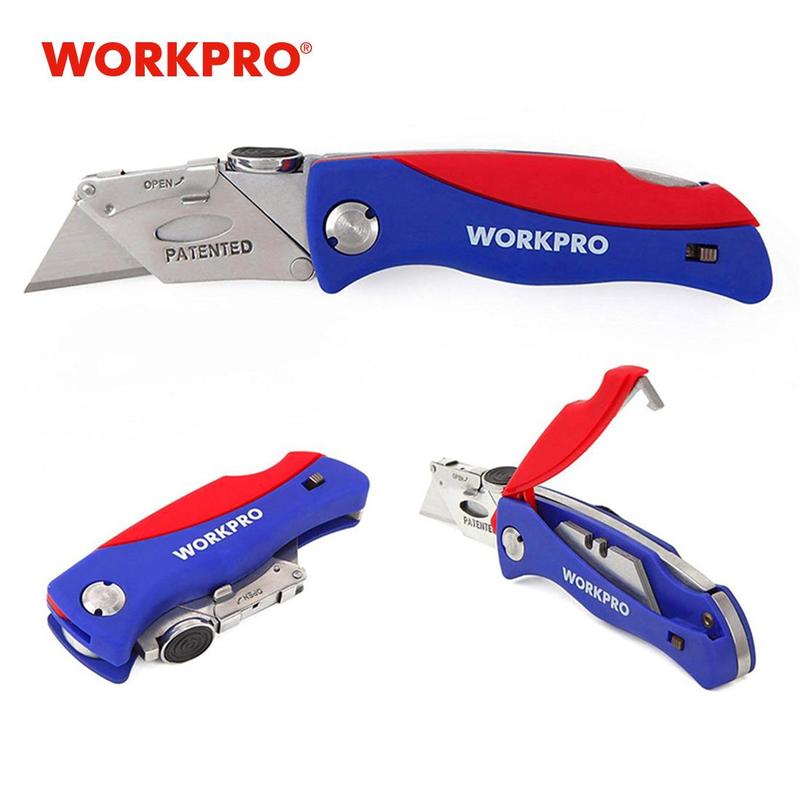 #JumpstartSale WORKPRO Folding Utility Knife, Quick-Change Box Cutter, Blade Storage in Handle with 5 Extra Blades Included