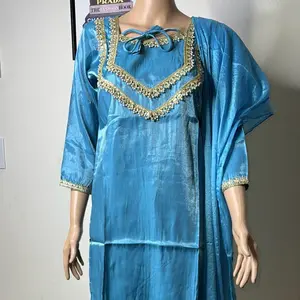 Blue Silk Salwar Kameez with Gold Trim size S