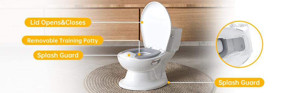 GARVEE Potty Training Toilet for Toddlers: Realistic Design with Soft Seat, Flushing Sound, Removable Pot, Storage Tank, Toilet Paper Holder, Splash Guard, and Non-Slip Base for Easy Use and Comfort.