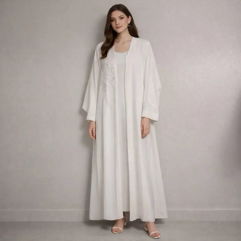 vory / Off-White Style: Open Abaya Floral embroidery Elegant, modest, formal