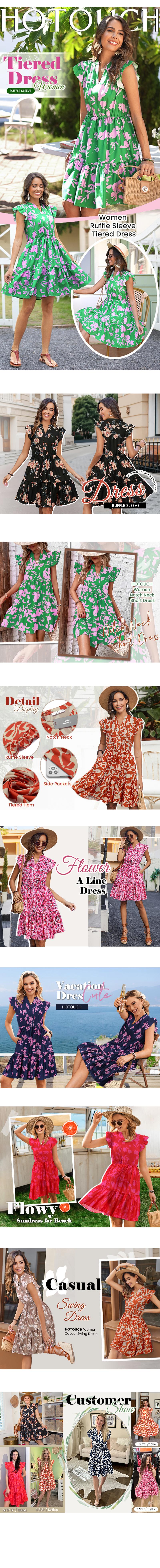 Women's Floral Printed Dress Ruffle Sleeve Tiered Mini Dress Casual Womenswear Summer Bohemian Fitted
