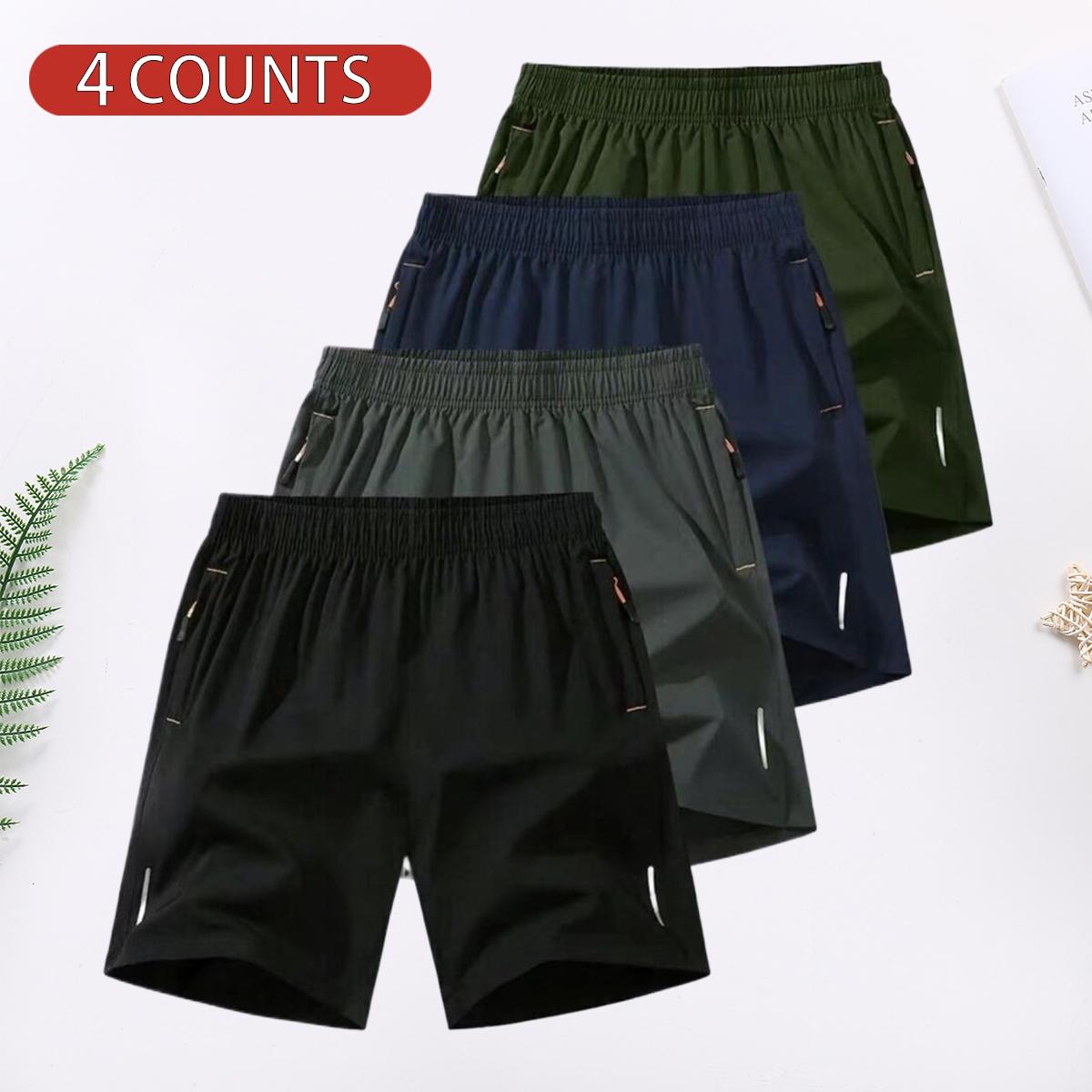 4 Counts Men's Solid Color Zipper Pocket Shorts, 4 Pack Casual Comfortable Breathable Shorts for Summer, Men's Bottoms for Everyday Wear