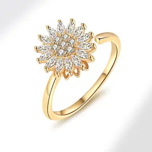 Sunflower Fidget Ring & Bracelet for Women | Gold Plated Anxiety Crystal Rings Cubic Zirconia Adjustable | Spinner Ring Trendy Jewelry Copper Material