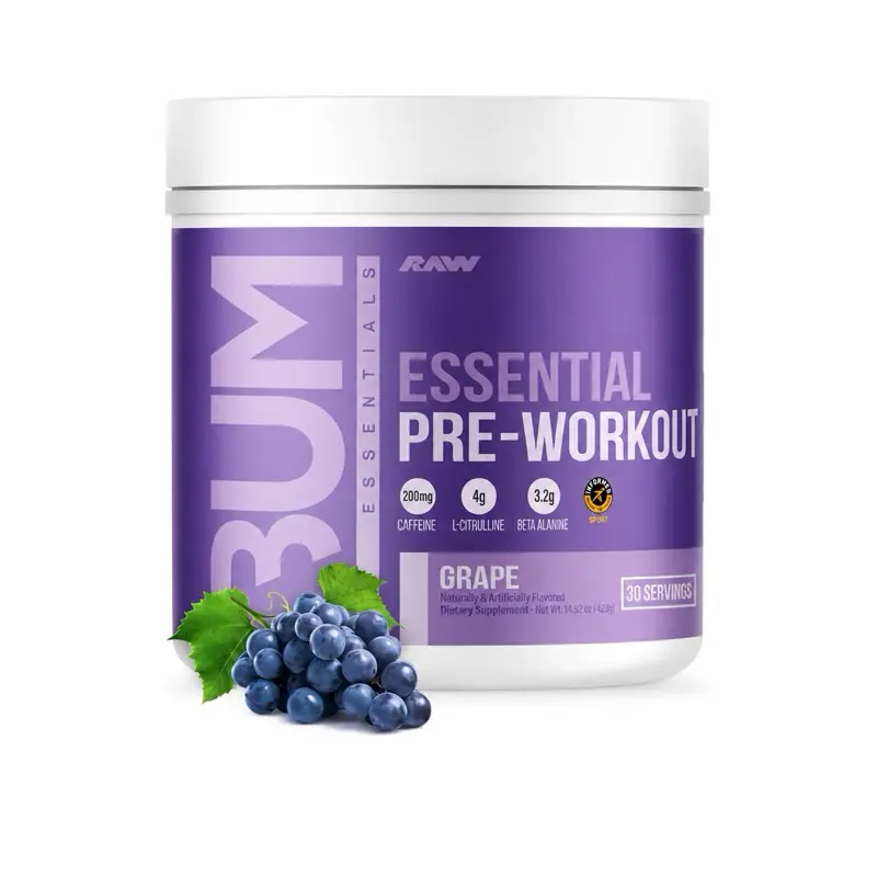 RAW Essential Pre-Workout Carbohydrate Supplement Powder - Gluten-Free Dietary Edible Pre Workout Powder - Energy Lift, Endurance Boost, Focus Enhancer - Fitness Nutrition Exercise Prep - Sour Grape Flavor - 30 Servings