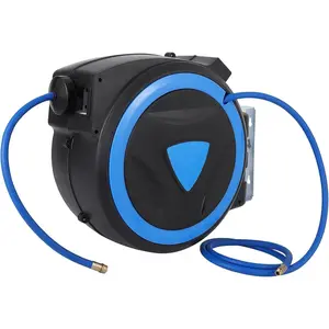 Retractable Air Hose Reel 50Ft x 3/8in - Hybrid Polymer Air Compressor Hose with 9-Pattern Nozzle, Any Length Lock & Auto-Rewind Slow Return System, 180° Swivel for Garage, Workshop, Ceiling Mount