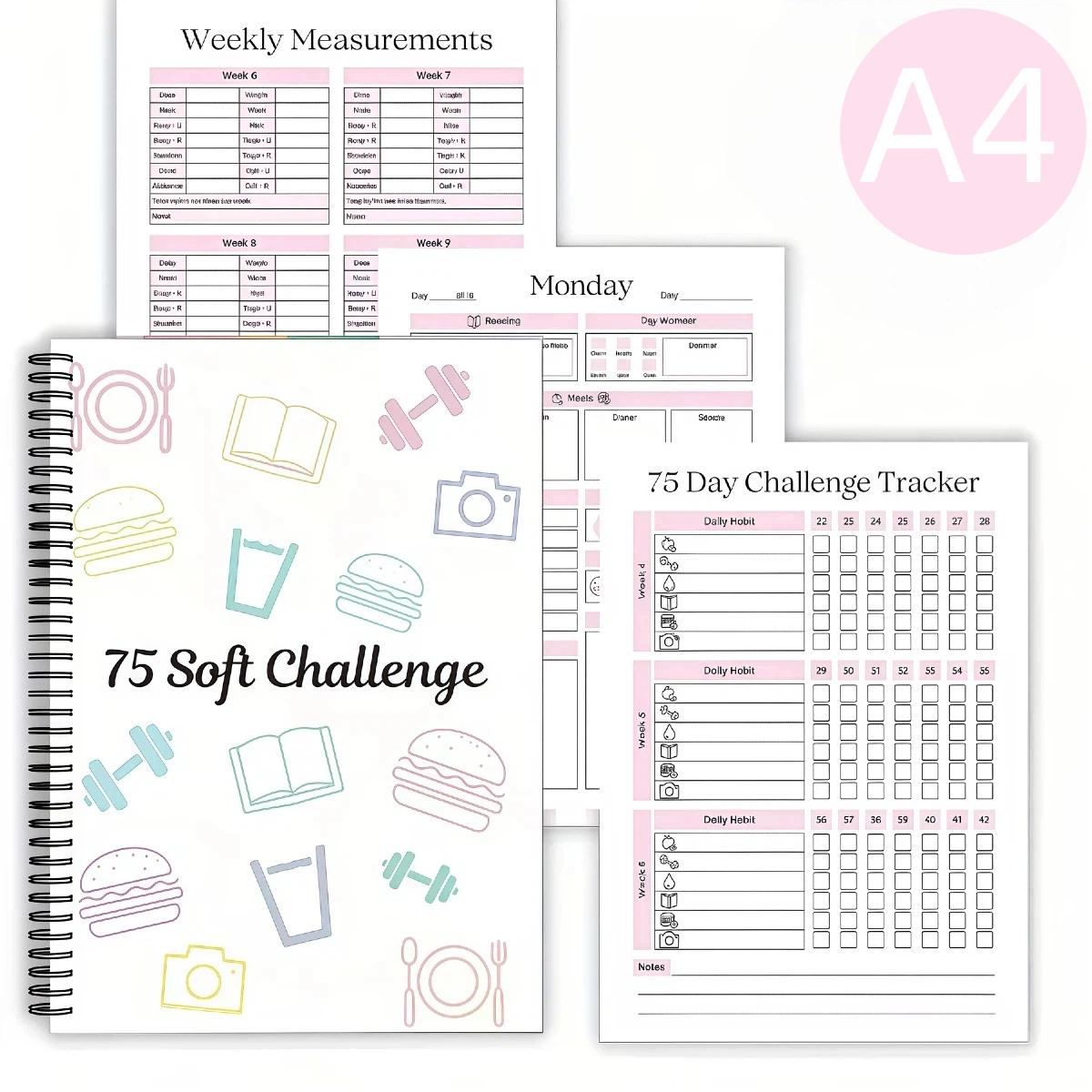 75 Soft Challenge Journal & Planner A5 Soft Challenge Planner Notebook Time Management & Efficiency Improvement Record Book Spiral Weekly and Monthly Calendar Planners Note Book Office Stationery & Supplies