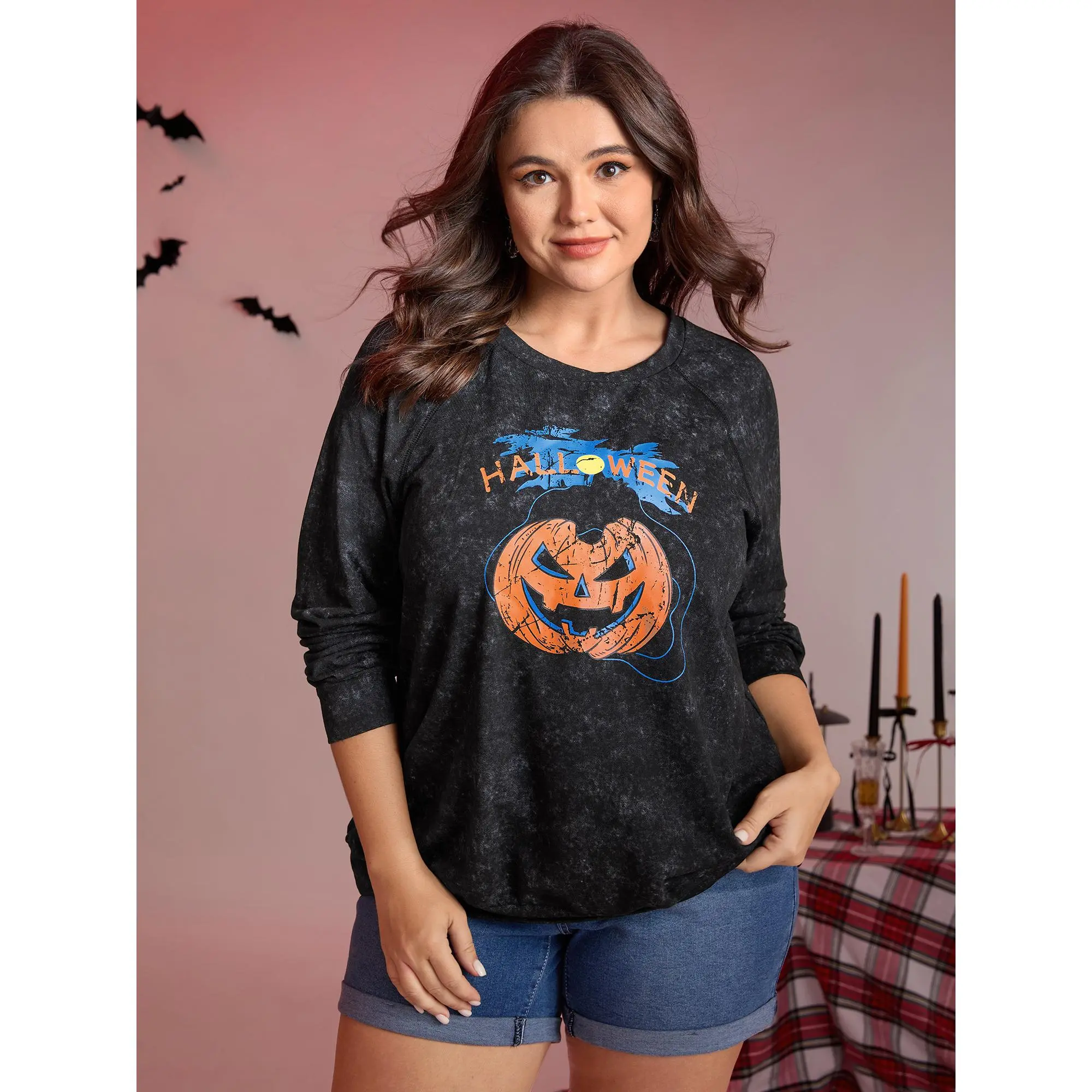 【 Comfy Chic】Bloomchic Creepy Pumpkin Motif Snowflake Effect Sweatshirt Fit Hoodie ,Summerfinds Fit Womenswear
