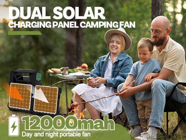 12000mah Solar Powered Fan, Dual-Panel Rechargeable Solar Camping Fan with LED Lantern, 5 Adjustable Speeds Cordless Battery Powered Portable Fan, Quiet USB-C Desk Fan for Tent Home Worksite