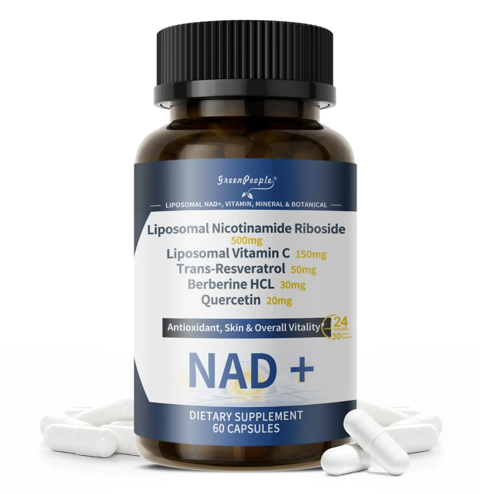 GREENPEOPLE Liposomal NAD+ Supplement for Women 500mg NR 150mg Vitamin C 50mg Resveratrol 30mg Quercetin 20mg Non-GMO Vegan Gluten-Free 60 Capsules