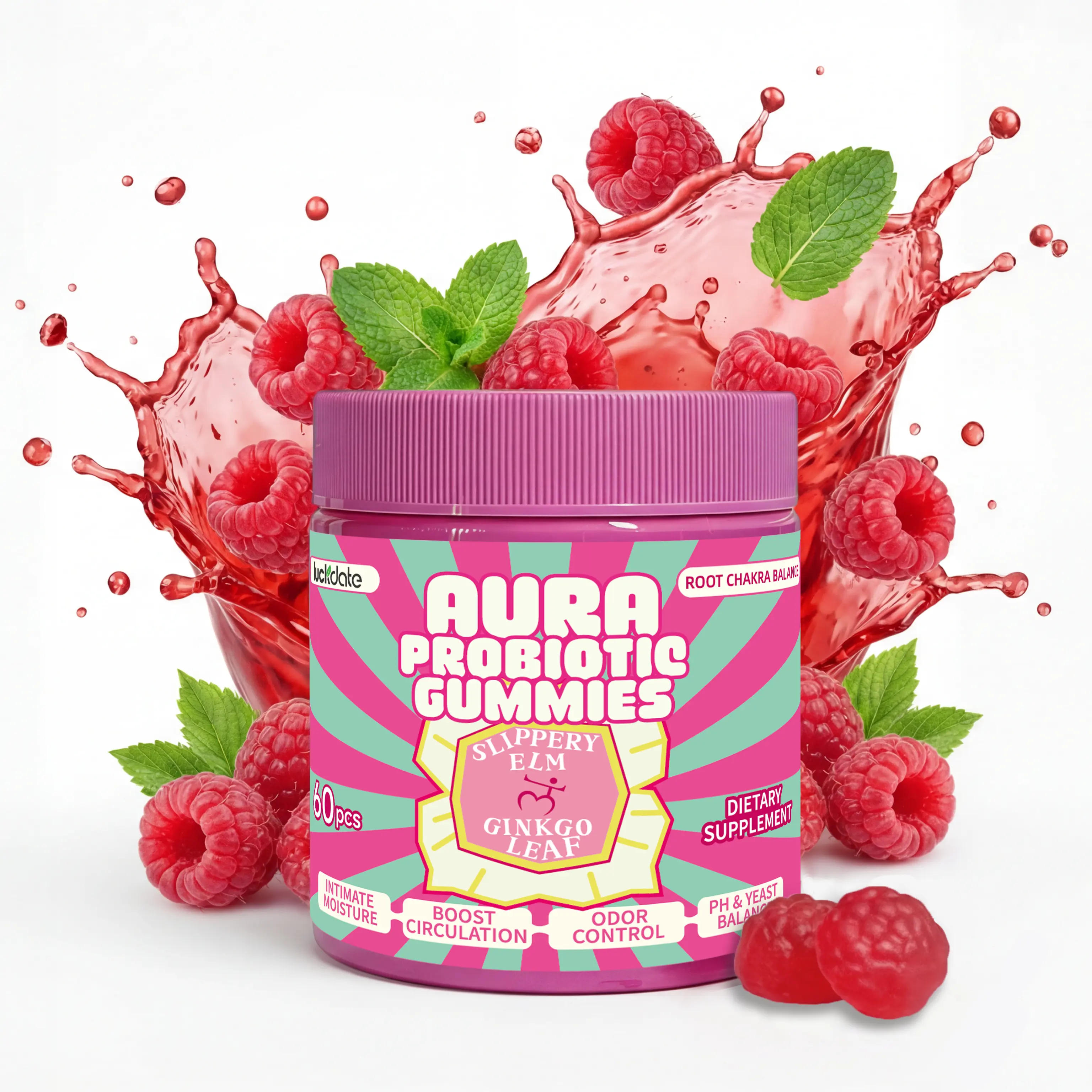 LuckDate Her Juicy Feminine Aura Probiotics Gummies - All in One Care with Slippery Elm & Ginkgo for Women’s pH Balance, Yeast Control & Dryness Relief - Raspberry 60 Count probiotics women