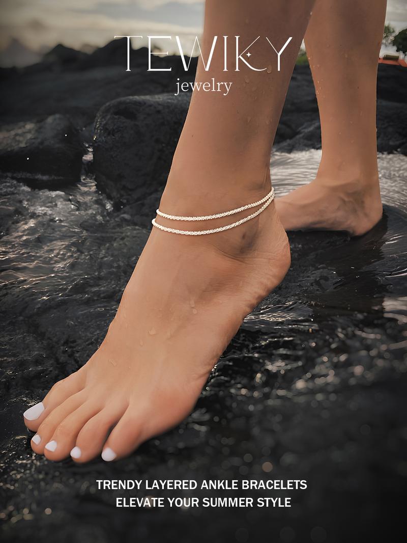 TEWIKY Dainty Layered Waterproof Anklet For Women Adjustable Womens Anklet Set Stackable Figaro Beaded Cuban Link Anklets Beach For Summer