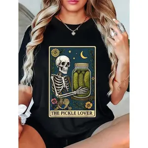 Unique Tarot Pickle Lover T-Shirt – Unisex Cotton Tee with Skeleton Food Theme