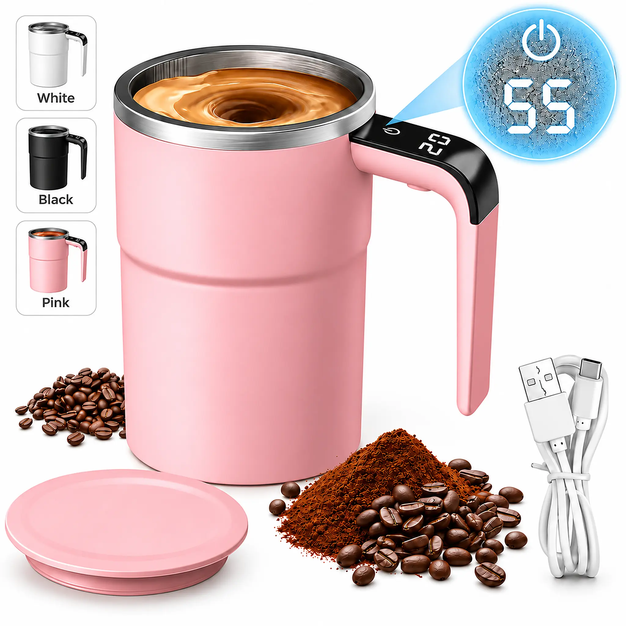 Rechargeable Magnetic Self-Stirring Coffee Mug, 380ml Stainless Steel Smart Mixing Cup with Lid & LCD Temperature Display, Automatic Stirring Tumbler for Coffee, Milk, Cocoa, Tea, Office, Kitchen, Travel & Christmas Gift