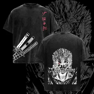 Zoro "Three Sword Style" One Piece Washed Oversized T-shirt | Vintage Anime Graphic Double Printed Tee | Heavyweight Cotton Manga Streetwear | Otaku Fashion Top for Pirate Hunter Fans