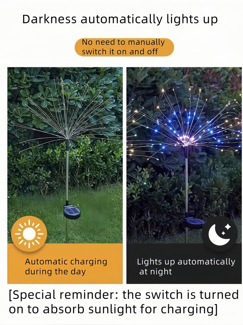 2/4/6pcs Solar Powered 120LED Pole Fireworks Lights, Outdoor Waterproof Garden Lights, 8 Lighting Modes, Patio, Balcony B&B Scenario Camping Party Decoration, Carnival Outdoor Summer Ambient Lights