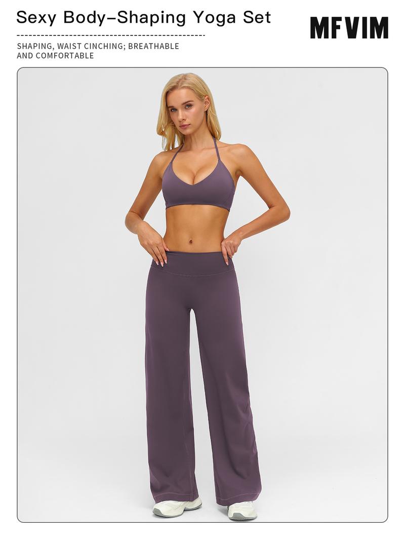 MFVIM Sporty Two-Piece Set Women's Plain Crop Cami Top & Flare Leg Pants Sports Set 78% Nylon 22% Spandex Comfy Breathable for Yoga Gym Workout Running