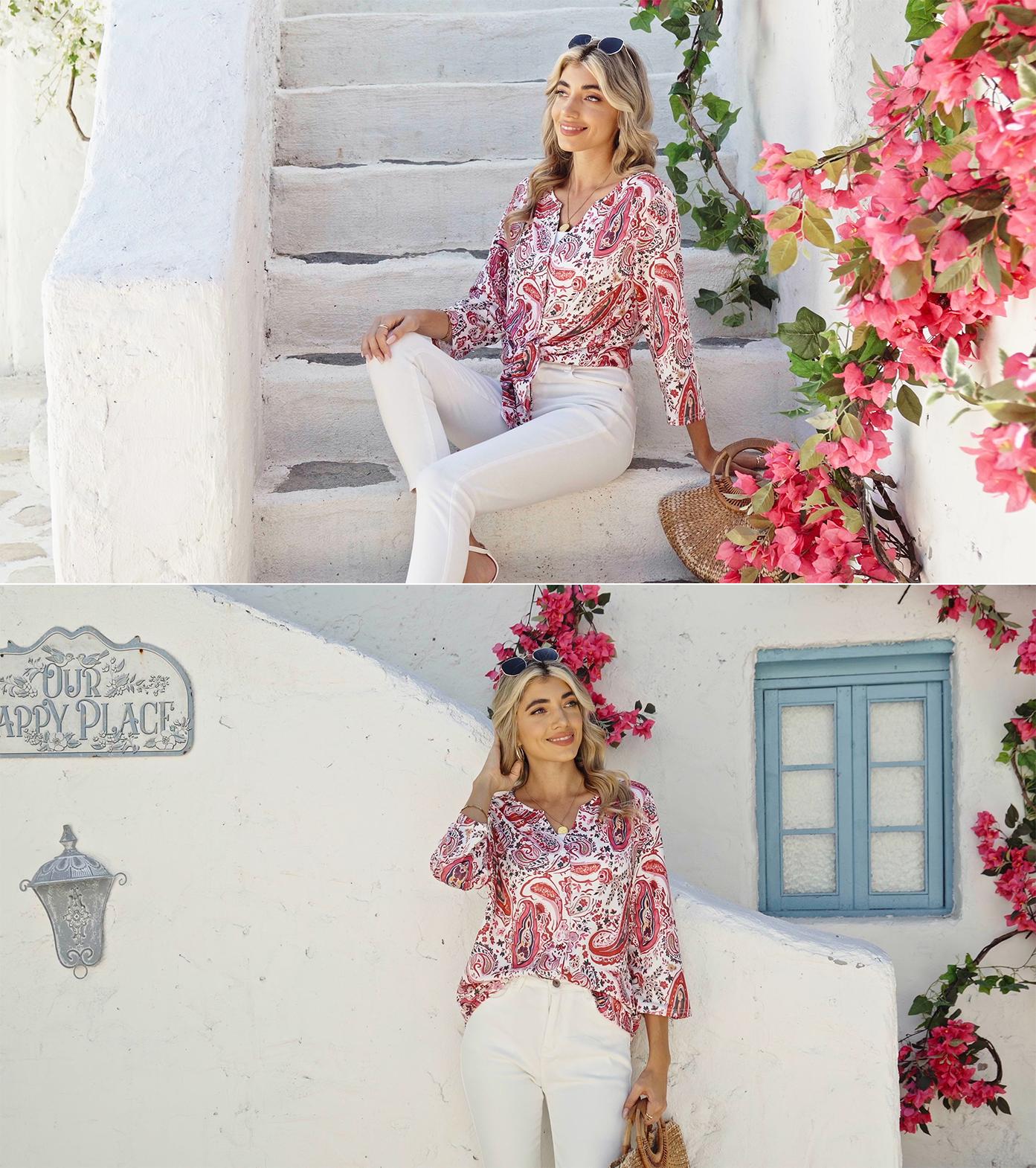 OFEEFAN Button Down Shirts for Women 3/4 Length Sleeve Tops V Neck Blouses Business Casual Outfits Loose Fitmenswear Basic Minimalist