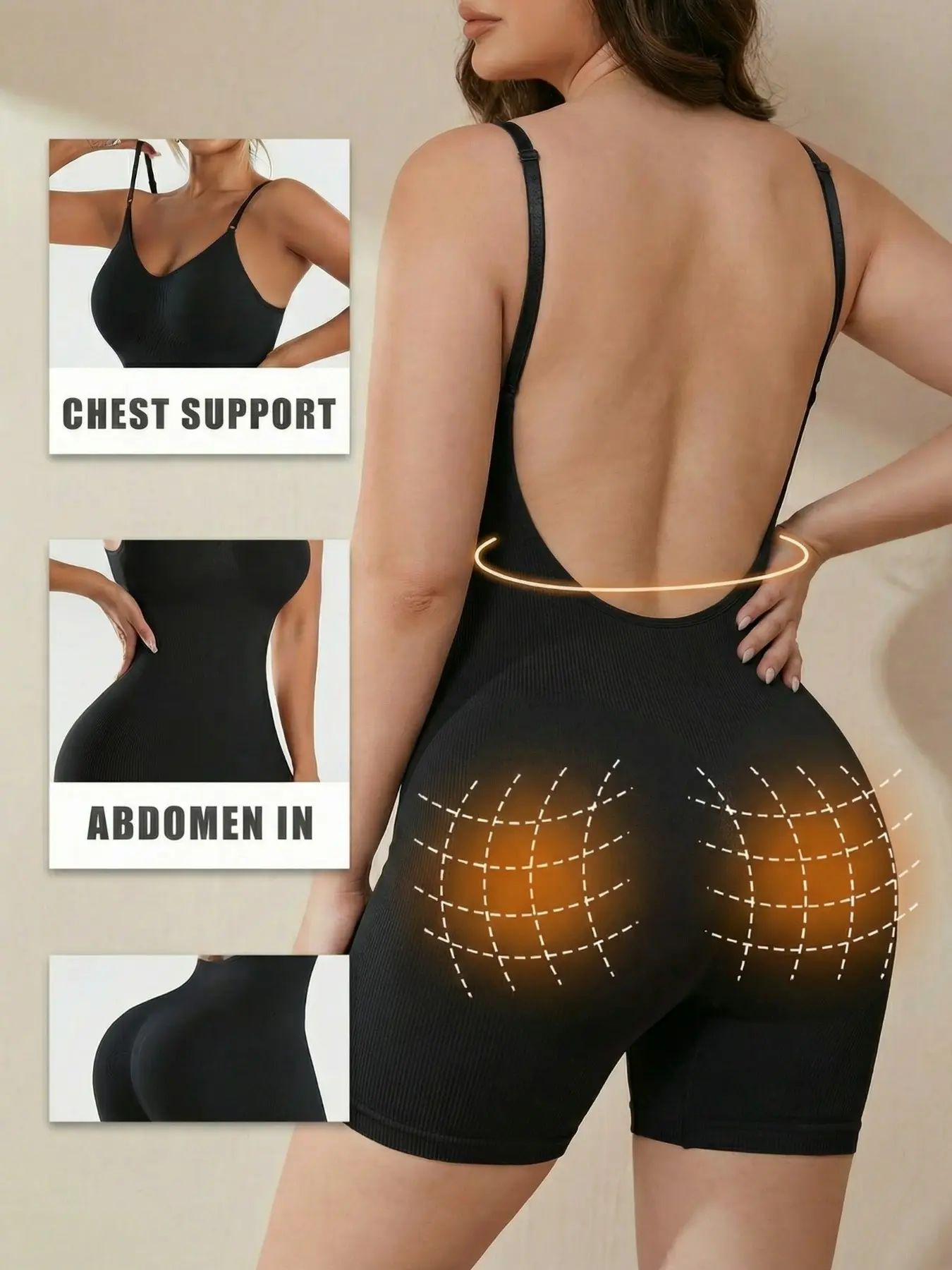 Backless Tummy Control Shapewear Bodysuit - Open Back Butt Lifter High Compression Bodysuits, Ribbed Slimming Underwear for Women, Mid-Thigh Shaper for Everyday & Special Occasions, Casual Shapewear