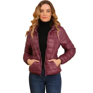 INSPIRE CHIC Puffer Coat Winter Long Sleeve Zip Up Hooded Lightweight Packable Down Jacket Burgundy