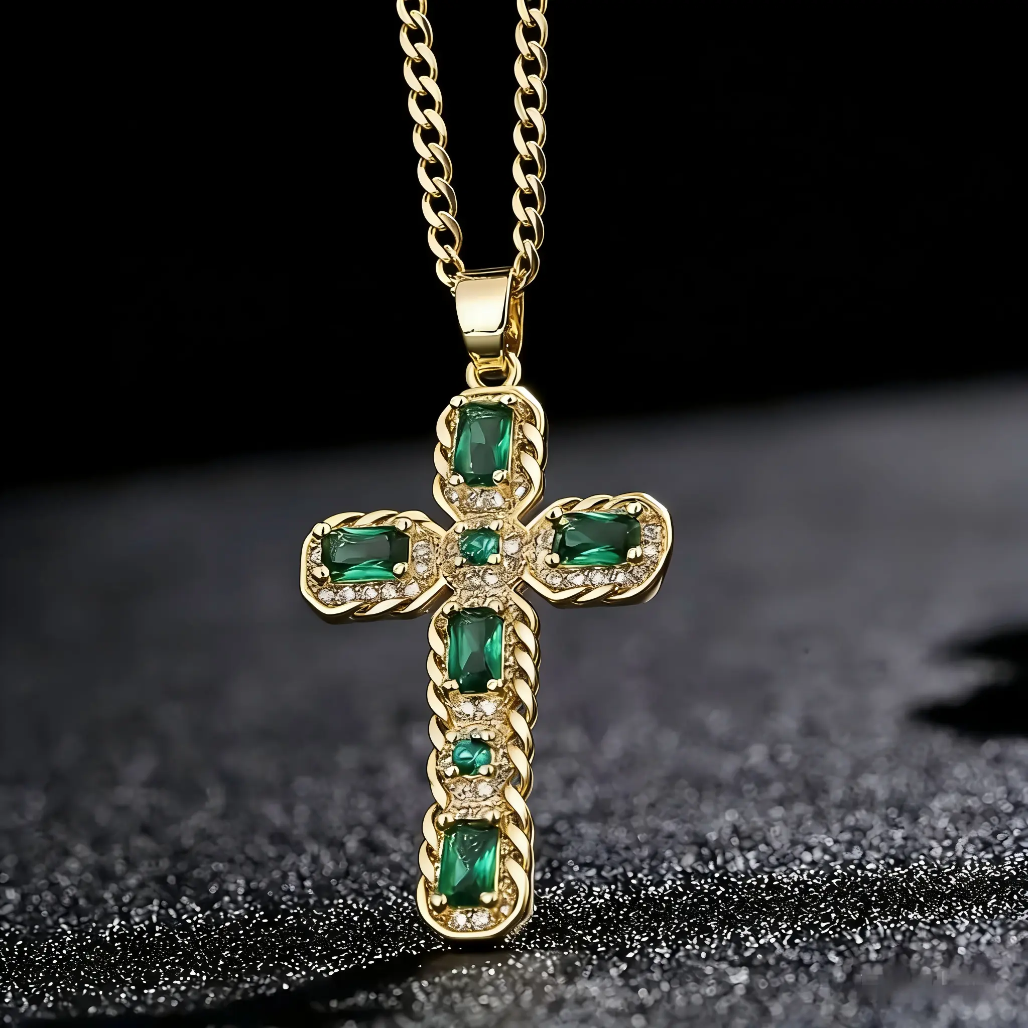 uxury Emerald CZ Cross Necklace with Gold Twist Border – The Perfect Faith-Inspired Gift for Him & Her on Baptism, Confirmation & Holidays