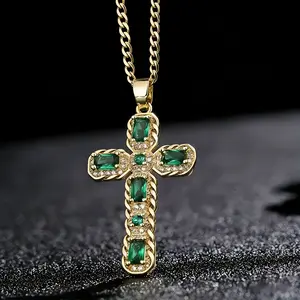 uxury Emerald CZ Cross Necklace with Gold Twist Border – The Perfect Faith-Inspired Gift for Him & Her on Baptism, Confirmation & Holidays