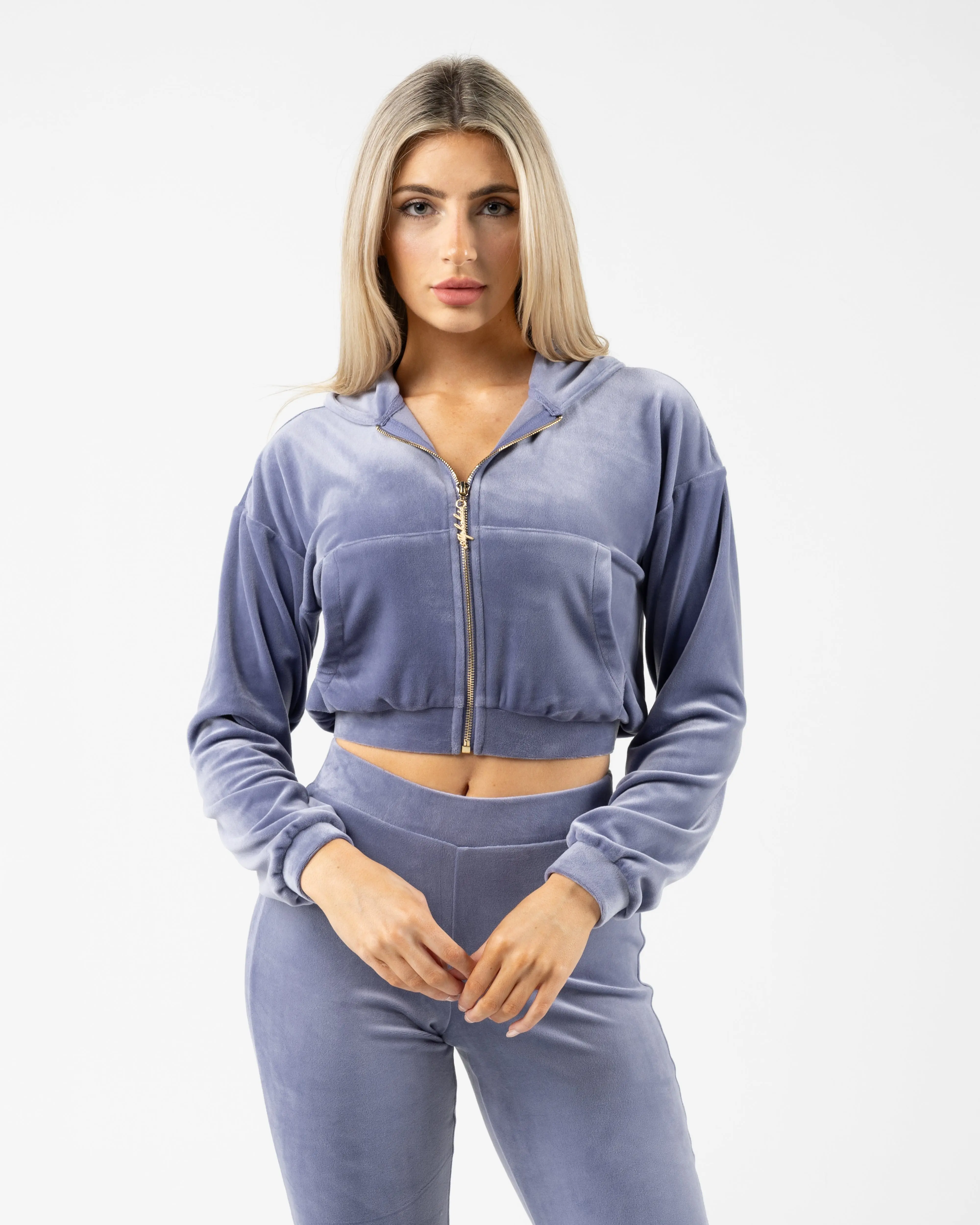 Women's Velour Zip Hoodie - Dusty Blue, Gym-Ready, Smooth Polyester-Spandex Fabric, Casual, Fit, Long Sleeve, Soft, Tops, Relaxed Fit, Elastane, Stretch Spandex, Xxs, Cold Wash, Sweatshirts, Longsleeves