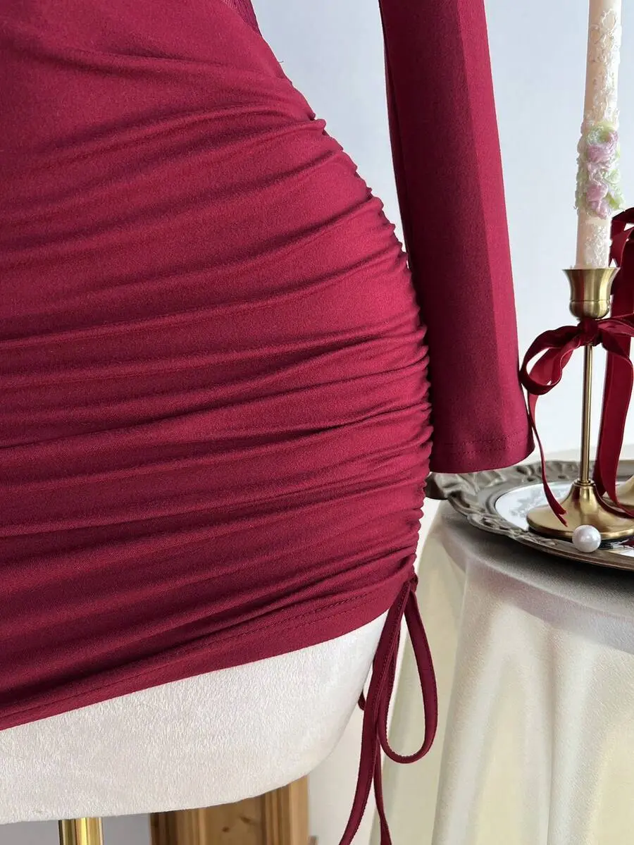 Elamini Women's Lace Patchwork Drawstring Tie Waist Bodycon Mini Dress,  Office/Party, Wine Red, Christmas Wine Red Dress - TikTok Shop