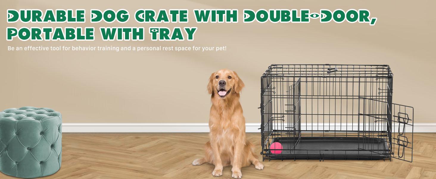 Large Dog Crate with Divider Panel, 24''/30''/36''/42''/48'' Double Door Folding Metal Wire Dog Cage with Plastic Leak-Proof Pan Tray, Pet Kennel for Indoor, Outdoor, Travel dogcrate training