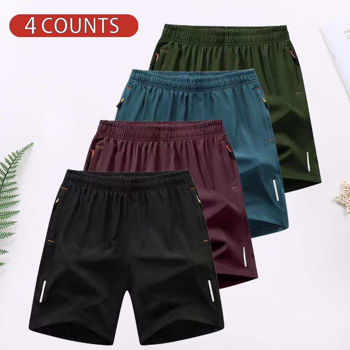 4 Counts Men's Solid Color Zipper Pocket Shorts, 4 Pack Casual Comfortable Breathable Shorts for Summer, Men's Bottoms for Everyday Wear