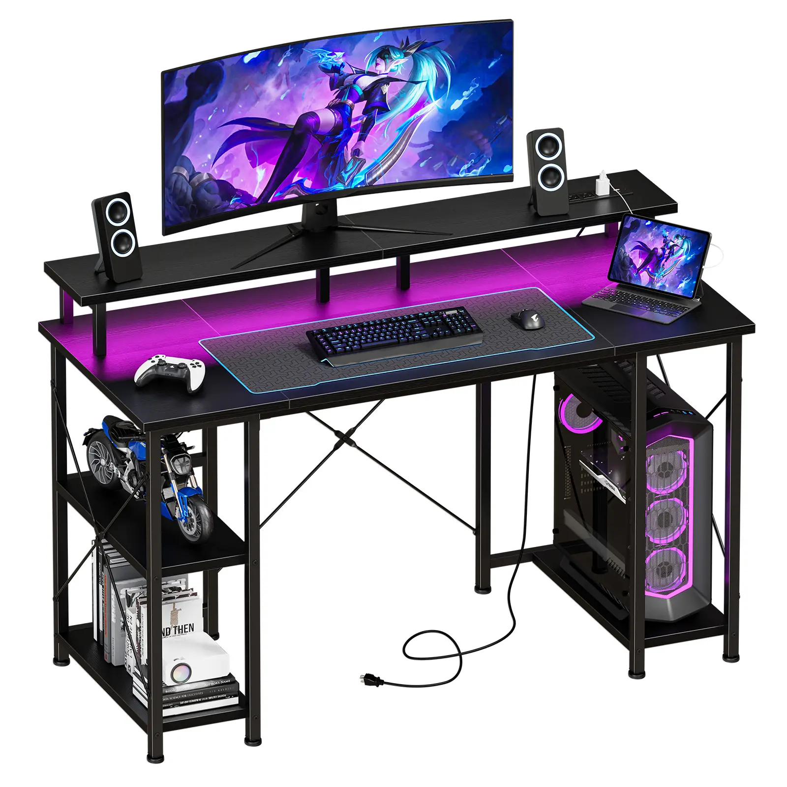 Sweetcrispy Sturdy All-in-1 Computer Desk with Monitor Shelf, 2-Tier Storage Shelves, LED Lighting, Power Outlets - Gaming PC Table for Work From Home, Studio Setup, Home Office Ideas Sweetcrispy Sturdy All-in-1 Computer Desk with Monitor Shelf, 2-Tier Storage Shelves, LED Lighting, Power Outlets - Gaming PC Table for Work From Home, Studio Setup, Home Office Ideas