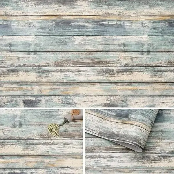 17''x120'' Blue Rustic Wood Paper Self-Adhesive Removable Peel and Stick Wallpaper Vinyl Decorative Wood Plank Film Vintage