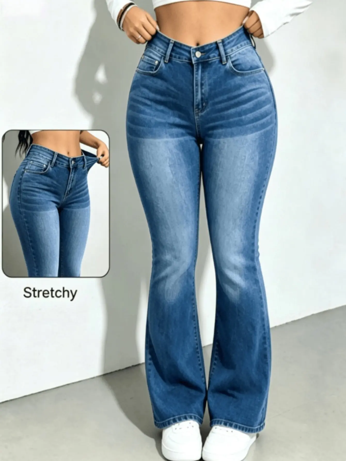 Women's High-Rise Magic Stretchy Bell-Bottom Jeans - Distressed, Feminine, Comfortable Loose Flare Trouser, Womenswear Bottom WH53, Flare Pants, Basic