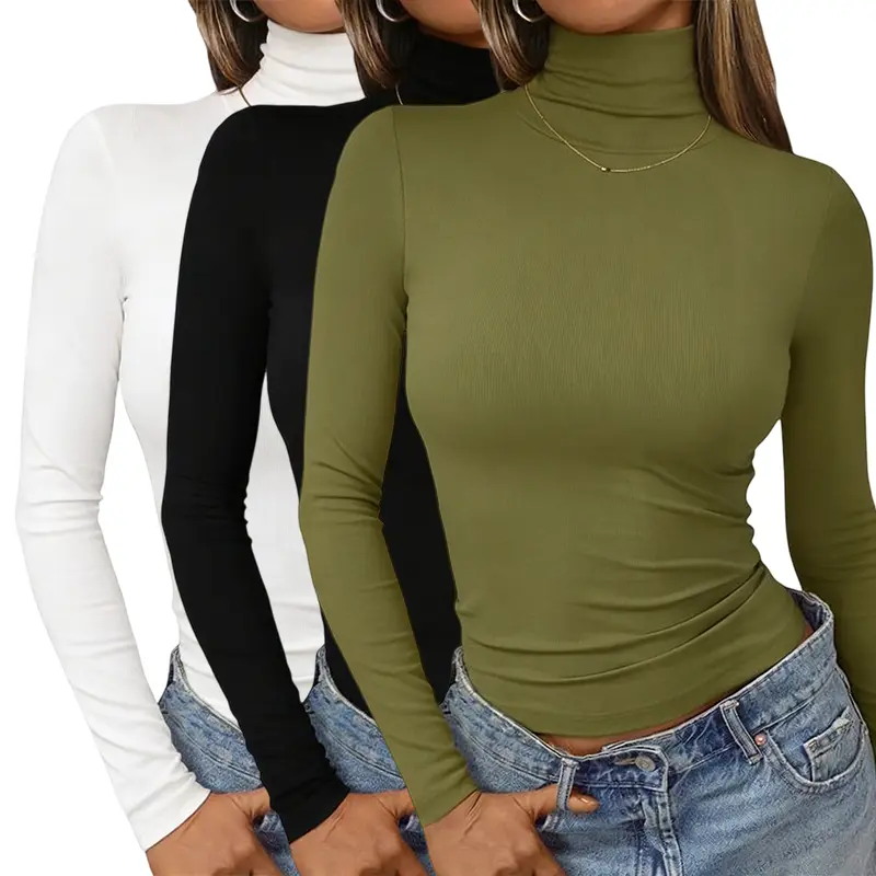 Women’s 3-Pack Faux Wool Thermal Base Tops - Elegant Ruched Style Rayon Fabric Crop Tees, Turtleneck Long Sleeve, Warm Lined, Slim Fit Stretchy Clothes, Lightweight, Comfortable, Breathable, Everyday Wear